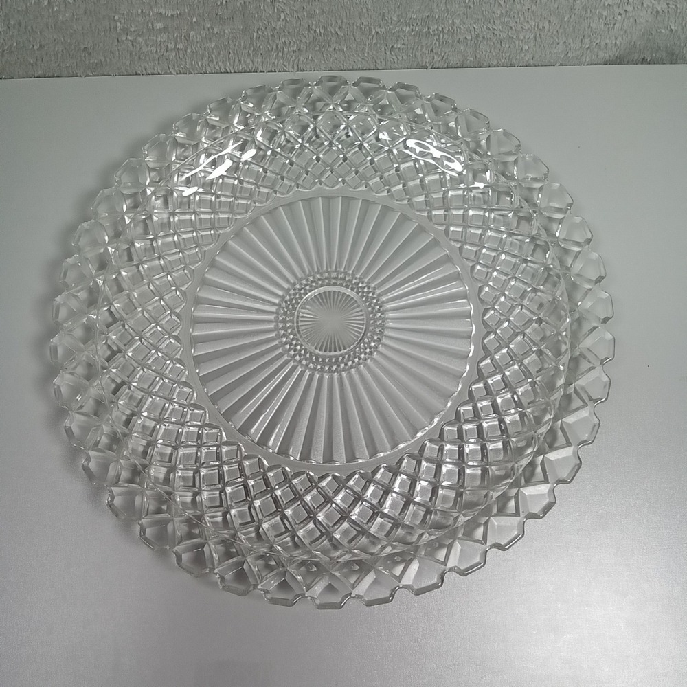 Vintage‎ Clear Pressed Glass Serving Platter 13" Sunburst Diamond Scalloped Edge